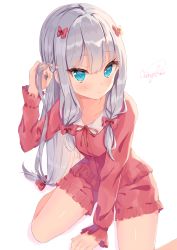 Rule 34 | 1girl, absurdres, blue eyes, blush, bow, collarbone, commentary request, eromanga sensei, grey hair, hair bow, hair ornament, highres, izumi sagiri, long hair, long sleeves, looking at viewer, low-tied long hair, pajamas, pink bow, simple background, sinobi illust, solo, white background