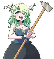 Rule 34 | 1girl, antlers, blush, braid, braided bangs, breasts, brown eyes, ceres fauna, cleavage, collarbone, earrings, getting over it, green hair, hair over one eye, highres, hololive, hololive english, horns, jewelry, large breasts, long hair, looking at viewer, mole, mole under eye, open mouth, ryou sakai, simple background, single braid, smile, solo, teeth, upper teeth only, virtual youtuber, white background