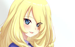 Rule 34 | 1girl, bc freedom school uniform, blonde hair, blue eyes, blue sweater, blush, commentary, from side, girls und panzer, highres, lips, looking at viewer, medium hair, messy hair, oshida (girls und panzer), portrait, school uniform, solo, sweater, trollzamahd