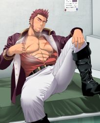 Rule 34 | 1boy, abs, absurdres, bara, beard, blue eyes, boots, brown hair, epaulettes, facial hair, fate/grand order, fate (series), highres, large pectorals, long sideburns, long sleeves, looking at viewer, male focus, military, military uniform, muscular, napoleon bonaparte (fate), nipples, open clothes, pectorals, short hair, sideburns, solo, sweat, sweatdrop, takejirog, thighs, uniform