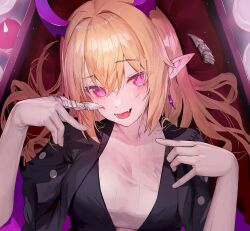 Rule 34 | 1girl, black sleeves, blonde hair, blush, claw ring, earrings, fang, gloves, hair between eyes, highres, horns, jewelry, legendary sword, long hair, long sleeves, looking at viewer, open mouth, pink eyes, pleated sleeves, pointy ears, purple horns, rabbi (legendary sword), ribbed shirt, shirt, single earring, smile, solo, two-sided sleeves, white gloves, yjs0803123