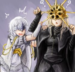 Rule 34 | 1boy, 1girl, ?, blonde hair, covered eyes, dark souls (series), dark souls i, dark souls iii, dark sun gwyndolin, elefen, fire keeper, from software, mask, white hair