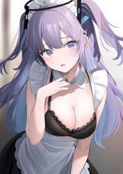 Rule 34 | 1girl, absurdres, apron, black bra, black skirt, blue archive, blush, bra, breasts, cleavage, detached collar, frilled apron, frills, halo, highres, large breasts, long hair, looking at viewer, maid, maid headdress, mechanical halo, open mouth, purple eyes, purple hair, skirt, solo, touyou (39kir), two side up, underwear, waist apron, white apron, yuuka (blue archive)