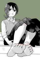 Rule 34 | 1girl, barefoot, blush, collared shirt, embarrassed, feet, foot focus, foreshortening, full body, green background, hair between eyes, knees up, light blush, long hair, long sleeves, looking at viewer, medium hair, monochrome, open mouth, original, parted lips, pleated skirt, ponytail, presenting foot, school uniform, shirt, signature, sitting, skirt, soles, solo, stairs, sweatdrop, teeth, toenails, toes, toyosaka, upper teeth only, vest