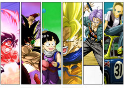Rule 34 | 1girl, 5boys, android, android 18, angry, bardock, black hair, blonde hair, blue eyes, blue grass, blue hair, bottle, car, clenched hand, cloud, column lineup, denim, dragon ball, dragonball z, earrings, green eyes, green sky, headband, jeans, jewelry, mackenrow 1220, mcenroe, motor vehicle, multiple boys, muscular, namek, necklace, open mouth, outdoors, pants, scouter, smile, son gohan, son goku, super saiyan, super saiyan 1, sword, teeth, torn clothes, tree, trunks (dragon ball), trunks (future) (dragon ball), vehicle, water bottle, weapon