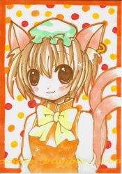 Rule 34 | 1girl, animal ears, bad id, bad pixiv id, brown eyes, brown hair, cat ears, cat girl, cat tail, chen, earrings, emo (artist), emo (mikan), female focus, hat, jewelry, multiple tails, smile, solo, tail, touhou, traditional media