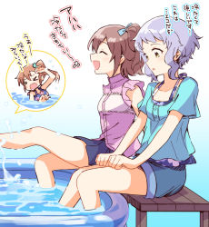 Rule 34 | &gt; &lt;, 3girls, bench, blue shirt, blue shorts, blue skirt, blush, bow, breasts, brown hair, check commentary, clenched hands, closed eyes, commentary request, frilled shirt, frills, futami mami, hair bow, hands on own thighs, idolmaster, idolmaster million live!, kasuga mirai, legs, looking down, makabe mizuki, medium hair, multiple girls, open mouth, partially submerged, pink shirt, pleated pants, polka dot, polka dot shirt, purple hair, rcop o, shirt, short hair, short sleeves, shorts, sidelocks, sitting, skirt, small breasts, smile, speech bubble, splashing, thighs, translation request, wading pool, water, water drop, yellow eyes