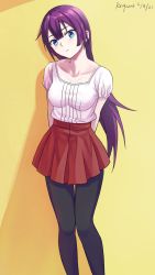 Rule 34 | 1girl, alternate costume, arms behind back, artist name, bad id, bad pixiv id, bakemonogatari, black pantyhose, blue eyes, blush, breasts, collarbone, commentary, dated, feet out of frame, hair between eyes, head tilt, high-waist skirt, highres, long hair, looking at viewer, medium breasts, monogatari (series), pantyhose, parted lips, pleated skirt, puffy sleeves, purple hair, red skirt, reiquant, senjougahara hitagi, shadow, shirt, shirt tucked in, short sleeves, sidelocks, skirt, solo, white shirt, yellow background