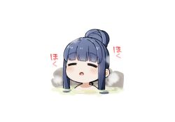 Rule 34 | 1girl, :o, blue hair, blush, closed eyes, commentary request, facing viewer, hair bun, nude, onsen, parted lips, partially submerged, shima rin, sidelocks, single hair bun, solo, steam, water, white background, yukie (kusaka shi), yurucamp