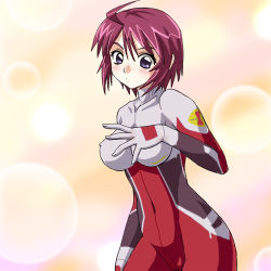 Rule 34 | 00s, 1girl, ahoge, blue eyes, blush, bob cut, bodypaint, bodysuit, breasts, collarbone, covered navel, covering breasts, covering privates, cowboy shot, false clothes, gundam, gundam seed, gundam seed destiny, haruyama kazunori, large breasts, looking at viewer, lowres, lunamaria hawke, naked paint, nude, painted clothes, purple hair, pussy, red hair, short hair, skin tight, solo