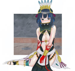 Rule 34 | 1girl, absurdres, bare shoulders, black hair, blood, blood on hands, blue hair, breasts, cleavage, colored inner hair, facepaint, fate/grand order, fate (series), feathers, feet, grey eyes, headdress, highres, jewelry, looking at viewer, medium breasts, multicolored hair, short hair, skirt, solo, tenochtitlan (fate), tenochtitlan (first ascension) (fate), uriuriyukitti