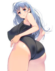 Rule 34 | 1girl, ass, bare shoulders, blue eyes, blue hair, blush, breasts, covered erect nipples, highres, huge breasts, kouno (masao), long hair, looking at viewer, looking back, looking down, one-piece swimsuit, one-piece tan, original, parted lips, revision, school swimsuit, simple background, solo, swimsuit, tan, tanline, thighs, white background