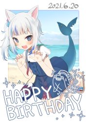 Rule 34 | 1girl, :d, absurdres, animal ears, bag, beach, bloop (gawr gura), blue eyes, blue hair, blue nails, blue sky, blush, cat ears, claw pose, dated, day, fins, fish tail, gawr gura, gawr gura (casual), handbag, happy birthday, highres, hololive, hololive english, houshou marine (artist), long hair, looking at viewer, multicolored hair, nail polish, official alternate costume, open mouth, outdoors, sandals, shark girl, shark tail, sharp teeth, side ponytail, silver hair, sky, smile, solo, streaked hair, tail, teeth, virtual youtuber