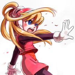 Rule 34 | 1girl, blonde hair, blue eyes, blush, breasts, capcom, ciel (mega man), female focus, gloves, hair between eyes, long hair, mega man (series), mega man zero (series), open mouth, outstretched arm, pink skirt, simple background, skirt, skycompass, small breasts, solo, teeth, tongue, white background, white gloves