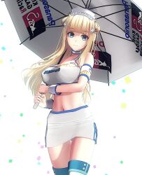 Rule 34 | artist request, blonde hair, blue eyes, breasts, choker, double bun, fletcher (kancolle), hair bun, headgear, highres, holding, holding umbrella, kantai collection, large breasts, long hair, looking at viewer, navel, race queen, simple background, smile, umbrella