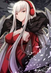 Rule 34 | 1girl, breasts, brown eyes, cleavage, commentary request, dress, forever 7th capital, fur trim, hakuya (white night), headphones, large breasts, long hair, long sleeves, looking at viewer, parted lips, red dress, signature, silver hair, solo, vera (forever 7th capital), very long hair