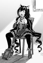 Rule 34 | 1girl, animal ear fluff, animal ears, book, boots, cat ears, cat girl, chair, commentary request, detached sleeves, dress, fold-over boots, full body, greyscale, gun fellatio (shingeki no kyojin), karyl (princess connect!), long hair, looking up, low twintails, medium bangs, meme, monochrome, multicolored clothes, multicolored dress, multicolored hair, mushi gyouza, open mouth, parody, princess connect!, shingeki no kyojin, sitting, solo, staff, streaked hair, thighhighs, twintails, very long hair
