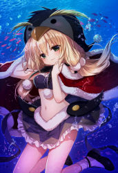 Rule 34 | 1girl, animal hat, arm up, bare arms, bikini, bikini top only, black footwear, black hat, blonde hair, bubble, cape, closed mouth, commentary request, emia (castilla), fish, frilled skirt, frills, fur-trimmed cape, fur trim, gothic wa mahou otome, green eyes, hair between eyes, hand up, hat, long hair, looking at viewer, miniskirt, navel, penguin hat, pom pom (clothes), purple bikini, purple skirt, red cape, shoes, sidelocks, skirt, smile, socks, solo, stomach, swimsuit, underwater, white socks