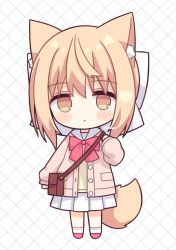 Rule 34 | 1girl, :&lt;, animal ear fluff, animal ears, bag, blonde hair, blush stickers, bow, brown eyes, chibi, closed mouth, commentary request, full body, hair between eyes, hair bow, highres, jacket, long sleeves, looking at viewer, miike-chan, nakkar, open clothes, open jacket, original, pink jacket, pleated skirt, puffy long sleeves, puffy sleeves, red bow, red footwear, sailor collar, shirt, shoes, shoulder bag, signature, skirt, socks, solo, standing, tail, white background, white bow, white sailor collar, white skirt, white socks, yellow shirt