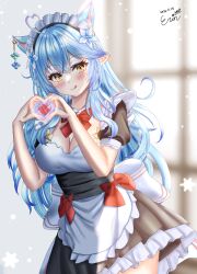 Rule 34 | 1girl, 2022, :p, ahoge, alternate costume, animal ears, apron, artist request, blue hair, blurry, blurry background, blush, breasts, curly hair, dated, heart, heart hands, highres, hololive, large breasts, long hair, maid, maid headdress, skirt, smile, sunlight, tongue, tongue out, virtual youtuber, window, yellow eyes, yukihana lamy