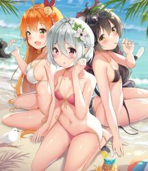 Rule 34 | 3girls, :o, adjusting hair, ahoge, alternate hair color, animal ear fluff, animal ears, antenna hair, ass, ball, bare arms, bare shoulders, barefoot, beach, beachball, bendy straw, bikini, bird, black bikini, black hair, blurry, blush, bottle, braid, breasts, cat ears, cat girl, cat tail, chintora0201, cleavage, cocktail, cocktail glass, collarbone, commentary request, cup, day, depth of field, drink, drinking glass, drinking straw, eyewear on head, fang, feet out of frame, flower, food, from above, from side, front-tie bikini top, front-tie top, fruit, hair between eyes, hair flower, hair ornament, hair ribbon, halterneck, hand up, heart, heart in eye, highres, holding, holding bottle, holding hands, in mouth, karyl (princess connect!), karyl (summer) (princess connect!), kokkoro (princess connect!), lemon, long hair, looking at viewer, low twintails, medium breasts, mole, mole on breast, mouth hold, multicolored hair, multiple girls, navel, ocean, open bikini, open clothes, open mouth, orange eyes, orange hair, outdoors, palm leaf, patreon username, pecorine (princess connect!), pecorine (summer) (princess connect!), pink bikini, pink flower, pointy ears, princess connect!, ribbon, sand, seiza, shiny skin, short hair, side-tie bikini bottom, side braid, silver hair, single braid, sitting, skin fang, small breasts, smile, soaking feet, stomach, streaked hair, sunglasses, swimsuit, symbol in eye, tail, tropical drink, twin braids, twintails, untied bikini, very long hair, water, white bikini, white bird, yellow flower, yokozuwari