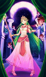 Rule 34 | 1girl, 6+boys, absurdres, black eyes, bracelet, breasts, brown footwear, brown hair, carpet, cherub, column, commentary, crescent moon, crown, dress, english commentary, green hair, green nails, highres, holding, holding staff, jewelry, kid icarus, long hair, looking at viewer, moon, multiple boys, necklace, nintendo, palutena, pillar, pit (kid icarus), pointy ears, potterzilla, see-through, shoes, short hair, small breasts, staff, standing, very long hair, white dress, wings