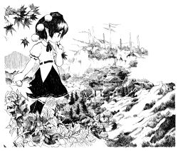 Rule 34 | 1girl, absurdres, architecture, black hair, black ribbon, black skirt, building, cloud, commentary request, east asian architecture, fog, from side, greyscale, hand fan, hand up, hat, highres, holding, holding fan, landscape, leaf, leaf fan, maple leaf, monochrome, moriya shrine, mountain, neck ribbon, onbashira, outdoors, pointy ears, pom pom (clothes), ribbon, scenery, shameimaru aya, shirt, short hair, short sleeves, shrine, skirt, solo, tokin hat, torii, touhou, white shirt, yamame jinja