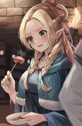 Rule 34 | 1girl, black choker, blonde hair, blue capelet, blue dress, blurry, blush, bow, bowl, braid, capelet, choker, commentary, depth of field, dress, dungeon, dungeon meshi, eating, elf, eyelashes, food, forehead, french braid, frown, green eyes, hair bow, hand up, highres, holding utensil, indoors, long hair, looking at food, marcille donato, meat, open mouth, parted bangs, pointy ears, red bow, solo, steam, straight hair, suidou chaahan, sweatdrop, torch, twin braids, upper body