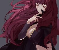 Rule 34 | 1girl, bodysuit, breasts, cape, cleavage, cleavage cutout, closed mouth, clothing cutout, fire emblem, fire emblem engage, grey background, high collar, highres, illust mi, large breasts, nintendo, purple bodysuit, red eyes, red hair, simple background, solo, upper body, wavy hair, yunaka (fire emblem)