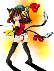 Rule 34 | 1girl, animal ears, ass, bad id, bad pixiv id, bell, brown hair, cat ears, cat girl, cat tail, chen, earrings, female focus, hat, jewelry, kotomuke fuurin, multiple tails, orange eyes, short hair, solo, tail, thighhighs, touhou