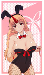 Rule 34 | 1girl, alternate costume, animal ears, bad id, bad pixiv id, bare arms, bare shoulders, black leotard, blonde hair, bow, bowtie, breasts, cleavage, closed mouth, covered navel, cowboy shot, detached collar, fake animal ears, fingernails, fishnet pantyhose, fishnets, head tilt, highres, horns, hoshiguma yuugi, large breasts, legs apart, leotard, long hair, looking at viewer, pantyhose, playboy bunny, rabbit ears, red bow, red bowtie, red eyes, red ribbon, ribbon, single horn, smile, solo, star (symbol), touhou, x&amp;x&amp;x