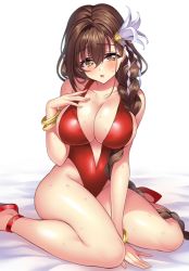 Rule 34 | 1girl, ankle strap, bangle, bed sheet, blush, bracelet, braid, breasts, brown eyes, brown hair, casual one-piece swimsuit, collarbone, flower, hair flower, hair ornament, hair over shoulder, highres, jewelry, kanpani girls, large breasts, long hair, looking at viewer, mole, mole under eye, one-piece swimsuit, open mouth, red one-piece swimsuit, senri gan, shirayuri sakura, shoes, single braid, sitting, solo, strappy heels, swimsuit, thighs, very long hair, wariza