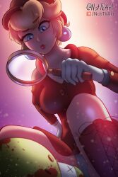 Rule 34 | artist name, blonde hair, blood, blue eyes, boots, breasts, coat, corpse, detective, detective hat, detective peach, earrings, gloves, hand on own hip, highres, jewelry, large breasts, magnifying glass, mario (series), nintendo, nottkart, official alternate costume, panties, patreon logo, princess peach, princess peach: showtime!, raised eyebrow, squatting, underwear, upskirt, yoshi