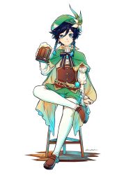 Rule 34 | 1boy, alcohol, bard, beer, beer mug, blue eyes, blue hair, braid, cape, chair, cloak, cup, domagranate, feathers, flower, genshin impact, gradient hair, green hat, hat, hat flower, highres, holding, holding cup, licking, licking lips, long sleeves, looking at viewer, male focus, mug, multicolored hair, ornament, pantyhose, ribbon, shoes, shorts, signature, simple background, smile, solo, stool, tongue, tongue out, twin braids, venti (genshin impact), vision (genshin impact), white background