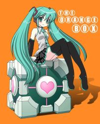 Rule 34 | 1girl, crossover, cube, detached sleeves, green eyes, green hair, hatsune miku, heart, jpeg artifacts, long hair, masuyama kei, matching hair/eyes, necktie, portal (series), portal 1, solo, thighhighs, twintails, valve, vocaloid, aperture science weighted companion cube, zettai ryouiki