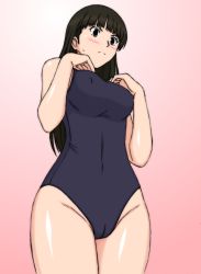 Rule 34 | 1girl, amagami, ayatsuji tsukasa, black eyes, black hair, blush, breasts, cameltoe, cowboy shot, frown, gradient background, hands on own chest, long hair, medium breasts, nipples, one-piece swimsuit, pink background, shiraki (the perfect world), solo, sweat, swimsuit, thighs
