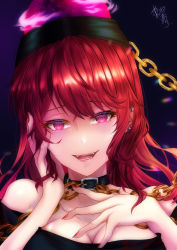 Rule 34 | 1girl, bare shoulders, black choker, black shirt, blush, buckle, chain, choker, collarbone, commentary request, ear piercing, earrings, eyelashes, fangs, gold chain, hand on own face, head tilt, hecatia lapislazuli, highres, jewelry, legacy of lunatic kingdom, looking at viewer, lower teeth only, medium hair, mononobe kanako, nail polish, off-shoulder shirt, off shoulder, open mouth, parted lips, piercing, profile, red eyes, red hair, red nails, shirt, sidelocks, solo, teeth, touhou, upper teeth only