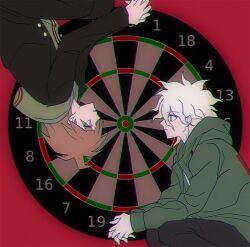 Rule 34 | 2boys, ahoge, black jacket, black pants, brown hair, closed mouth, danganronpa: trigger happy havoc, danganronpa (series), danganronpa 2: goodbye despair, dartboard, eye contact, feet out of frame, green hoodie, green jacket, hair between eyes, hood, hood down, hooded jacket, hoodie, jacket, komaeda nagito, long sleeves, looking at another, messy hair, multiple boys, naegi makoto, pants, profile, red background, sinamolol, smile, upside-down, white hair