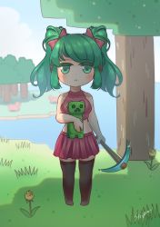 Rule 34 | 1girl, absurdres, chibi, creeper, day, highres, lake, magicalmysticva (character), md5 mismatch, minecart, mystic, nature, original, outdoors, pickaxe, resolution mismatch, source smaller, standing, stripen art, tree, twintails, virtual youtuber, water