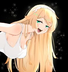 Rule 34 | 1girl, :d, absurdres, babywipes, bent over, black background, blonde hair, breasts, commentary, dress, english commentary, eyelashes, frederica baumann, green eyes, half-closed eyes, hanging breasts, highres, light particles, long hair, looking at viewer, open mouth, re:zero kara hajimeru isekai seikatsu, see-through, see-through dress, sharp teeth, simple background, smile, solo, tareme, teeth, upper body, white dress