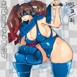 Rule 34 | 10s, 1girl, 2011, armor, blue mage, blue theme, blue thighhighs, breasts, brown eyes, brown hair, cape, cat, cat o&#039; nine tails, curly hair, curvy, dominatrix, epaulettes, final fantasy, fingernails, glaring, gloves, groin, hip focus, huge breasts, japanese text, long hair, looking at viewer, march, mask, matsuri (takayama toshinori), mole, mole on breast, multicolored hair, nail polish, original, red hair, scarf, skin tight, solo, takayama toshinori, text focus, thick thighs, thighhighs, thighs, translation request, twintails, two-tone hair, wavy hair, whip, wide hips, zipper