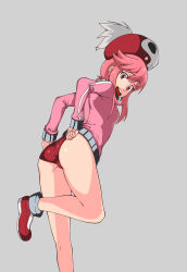 Rule 34 | 10s, 1girl, :d, adjusting buruma, adjusting clothes, arms behind back, arrow (symbol), ass, beret, breasts, buruma, buruma pull, clothes pull, female focus, flipped hair, from side, grey background, hat, hat feather, highres, jacket, jakuzure nonon, kill la kill, kneepits, leaning forward, leg lift, legs, long sleeves, looking at viewer, looking back, open mouth, pink eyes, pink hair, shiny skin, shoes, short hair with long locks, sidelocks, simple background, single vertical stripe, skull print, small breasts, smile, sneakers, solo, standing, standing on one leg, track jacket, ttrop