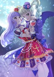 Rule 34 | 10s, 2girls, aikatsu!, aikatsu! (series), apple, aqua eyes, arm around neck, arm around waist, bat earrings, bat wings, blonde hair, blunt bangs, blush, cross, cross-laced clothes, dress, drill hair, drink, earrings, eyeshadow, fang, flower, food, frilled dress, frills, fruit, full moon, glass, gothic lolita, hand on own chest, hat, highres, hikami sumire, holding, jewelry, juliet sleeves, koruse, lolita fashion, long hair, long sleeves, looking at viewer, makeup, mini hat, mini top hat, moon, multiple girls, night, open mouth, pink flower, pink rose, puffy short sleeves, puffy sleeves, purple eyes, purple hair, rose, short sleeves, smile, striped, top hat, todo yurika, twin drills, vertical stripes, wings, wrist cuffs
