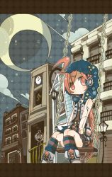 Rule 34 | 1girl, ahoge, android, boots, chain, clock, clock tower, cloud, crescent moon, cup, dress, gloves, hair ornament, hairclip, higashi (azm), joints, lamppost, long hair, moon, night, outdoors, red eyes, red hair, robot joints, sf-a2 miki, sitting, sky, socks, solo, striped, swing, tea, tower, vocaloid