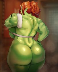 Rule 34 | 1girl, ass, ass focus, back, backboob, bath, breasts, colored skin, cowboy shot, curvy, door, earrings, eyelashes, eyeshadow, female focus, female orc, green skin, grin, half-closed eyes, hand on own hip, highres, huge ass, huge breasts, indoors, jewelry, jujunaught, lace, long hair, makeup, monster girl, muscular, muscular female, nose, nude, orange eyes, orange hair, orc, original, pointy ears, ponytail, red hair, red lips, shiny skin, sidelocks, skindentation, smile, solo, standing, steam, teeth, thick thighs, thighs, towel, white towel, wide hips
