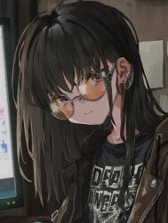 1girl absurdres black_hair black_shirt brown_jacket closed_mouth earpiece gishiki_(gshk) glasses head_tilt highres jacket long_hair looking_at_viewer open_clothes open_jacket original purple_eyes shirt solo