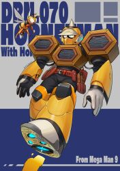 Rule 34 | 1boy, bee, blue eyes, bug, commentary request, covered mouth, english text, flying, highres, hornet man, horns, insect, male focus, mega man (classic), mega man (series), mega man 9, no humans, robot, solo, yojio (2188)