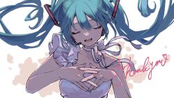 Rule 34 | 1girl, :d, absurdres, bare arms, blue hair, choker, closed eyes, collarbone, facing viewer, floating hair, flower, hatsune miku, headphones, headset, highres, katorea, long hair, microphone, music, nail polish, open mouth, ribbon, ribbon choker, singing, smile, solo, thank you, twintails, upper body, vocaloid, white background, white flower, white ribbon