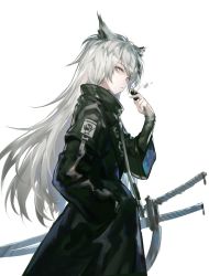Rule 34 | 1girl, animal ears, arknights, black coat, coat, commentary, cowboy shot, from side, grey eyes, hair ornament, hairclip, hand in pocket, hand up, high collar, holding, huanxiang heitu, lappland (arknights), long hair, long sleeves, looking at viewer, silver hair, simple background, solo, sword, very long hair, weapon, white background, wolf ears