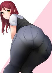 Rule 34 | 1girl, absurdres, artist request, ass, bent over, blush, brown eyes, denim, from behind, from below, hair ornament, hairclip, highres, hip focus, huge ass, jeans, long hair, looking at viewer, love live!, love live! sunshine!!, open mouth, pants, pantylines, parted lips, red hair, sakurauchi riko, shirt, solo, thick thighs, thighs, wide hips
